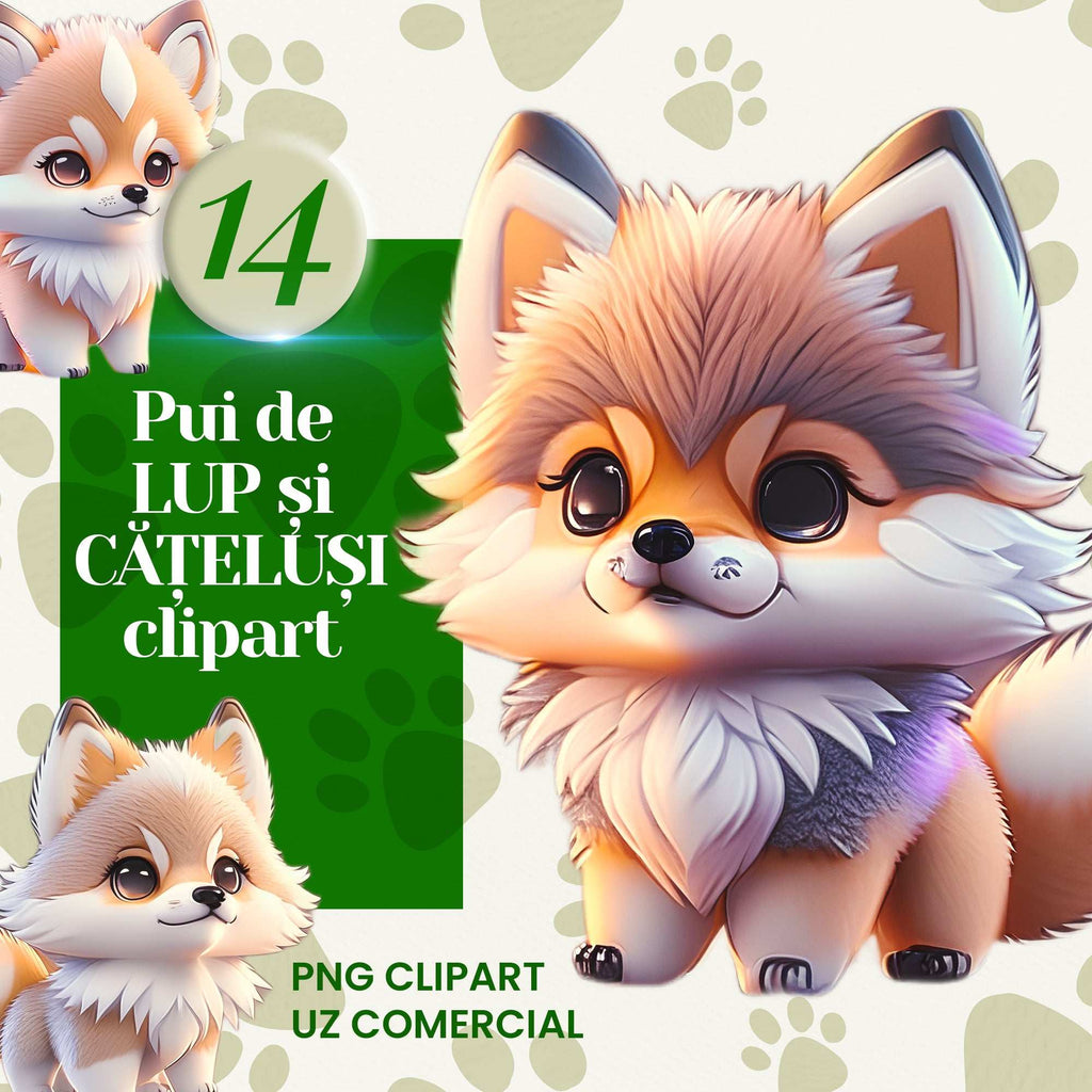 Clipart cu Pui de Lup și Cățeluși în Stil Anime