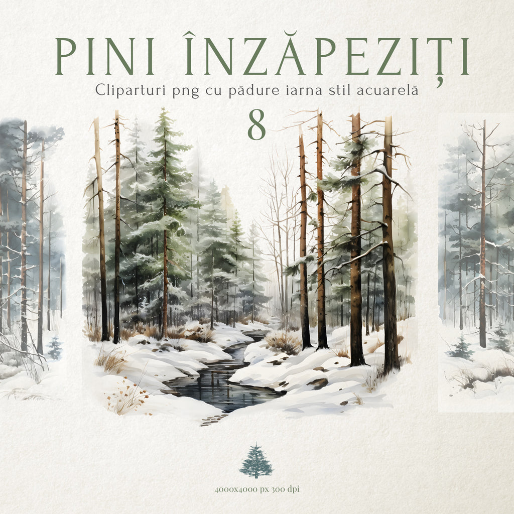 Set Clipart Pini Înzăpeziți Acuarelă | PNG cu Fundal Transparent | Pentru Invitații și Design Digital