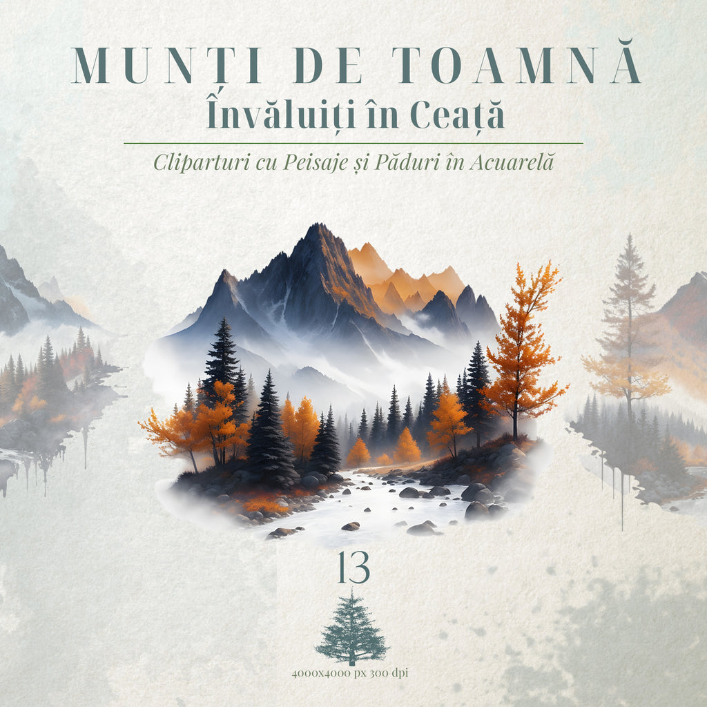 Munți de Toamnă Învăluiți în Ceață: Cliparturi cu Peisaje și Păduri în Acuarelă