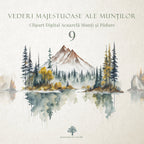 Vederi Majestuoase ale Munților - Clipart Digital Acuarelă Munți și Pădure