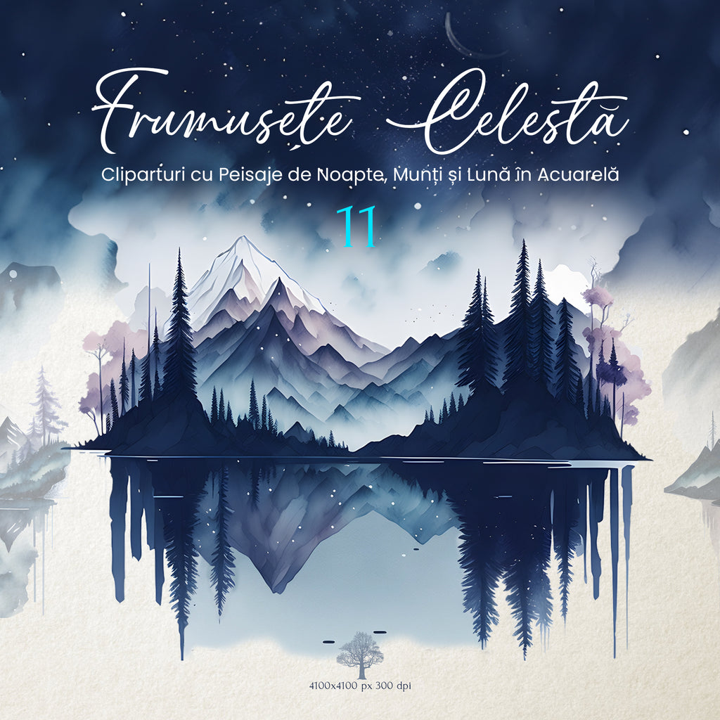 Frumusețe Celestă: Clipart cu Peisaje de Noapte, Munți și Lună în Acuarelă