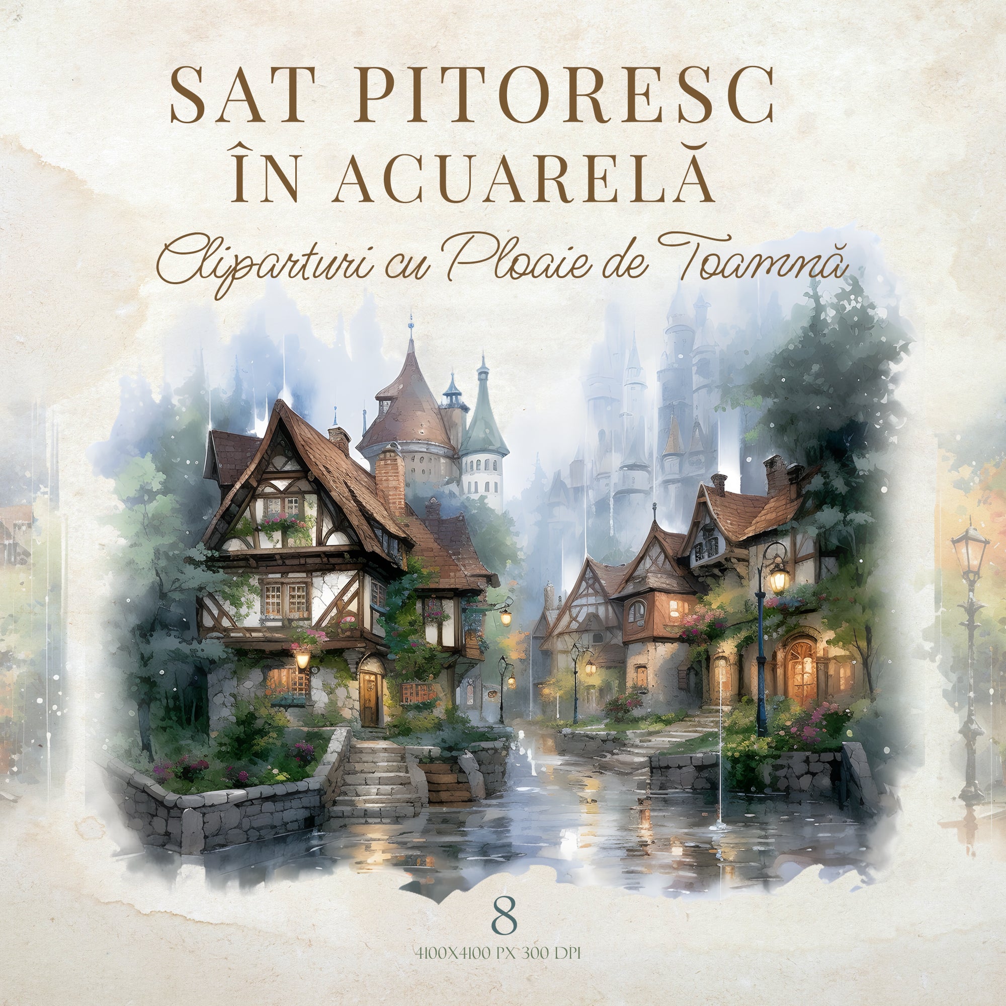 Sat Pitoresc în Acuarelă: Cliparturi cu Ploaie de Toamnă