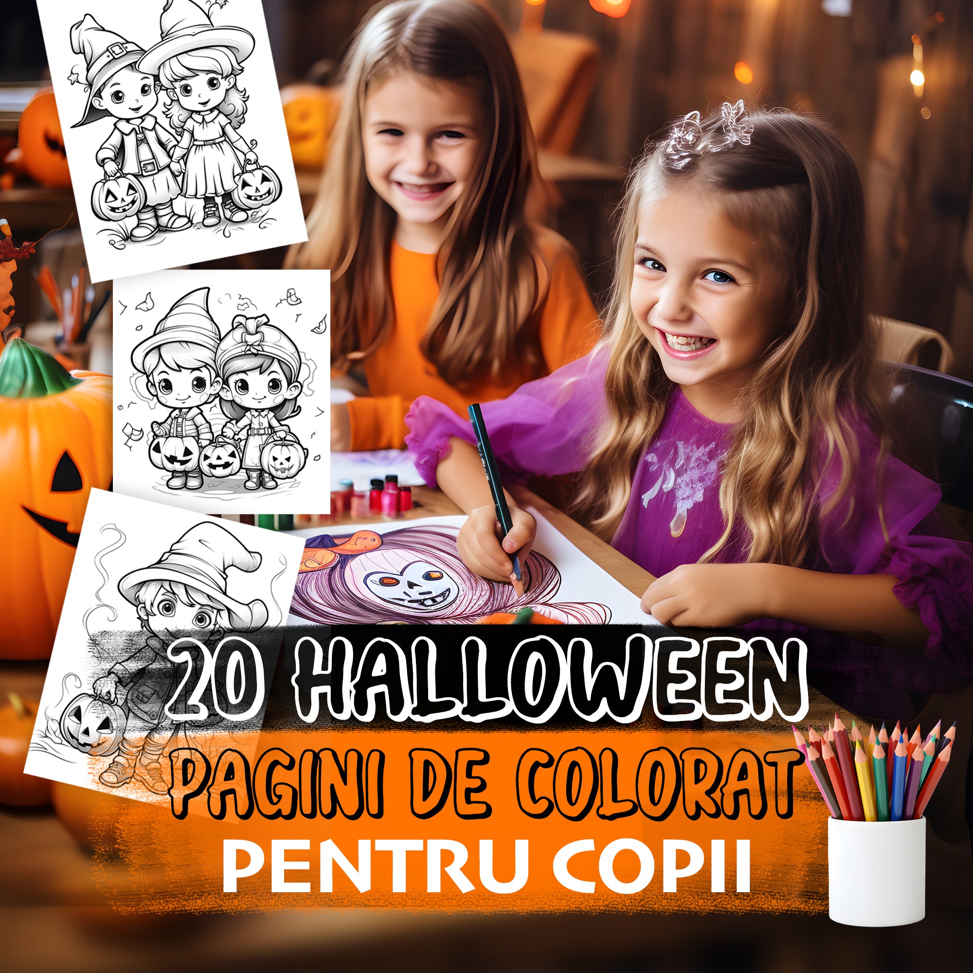 Carte de Colorat pentru copii cu tematica Halloween - 20 pagini A4 PDF și JPG