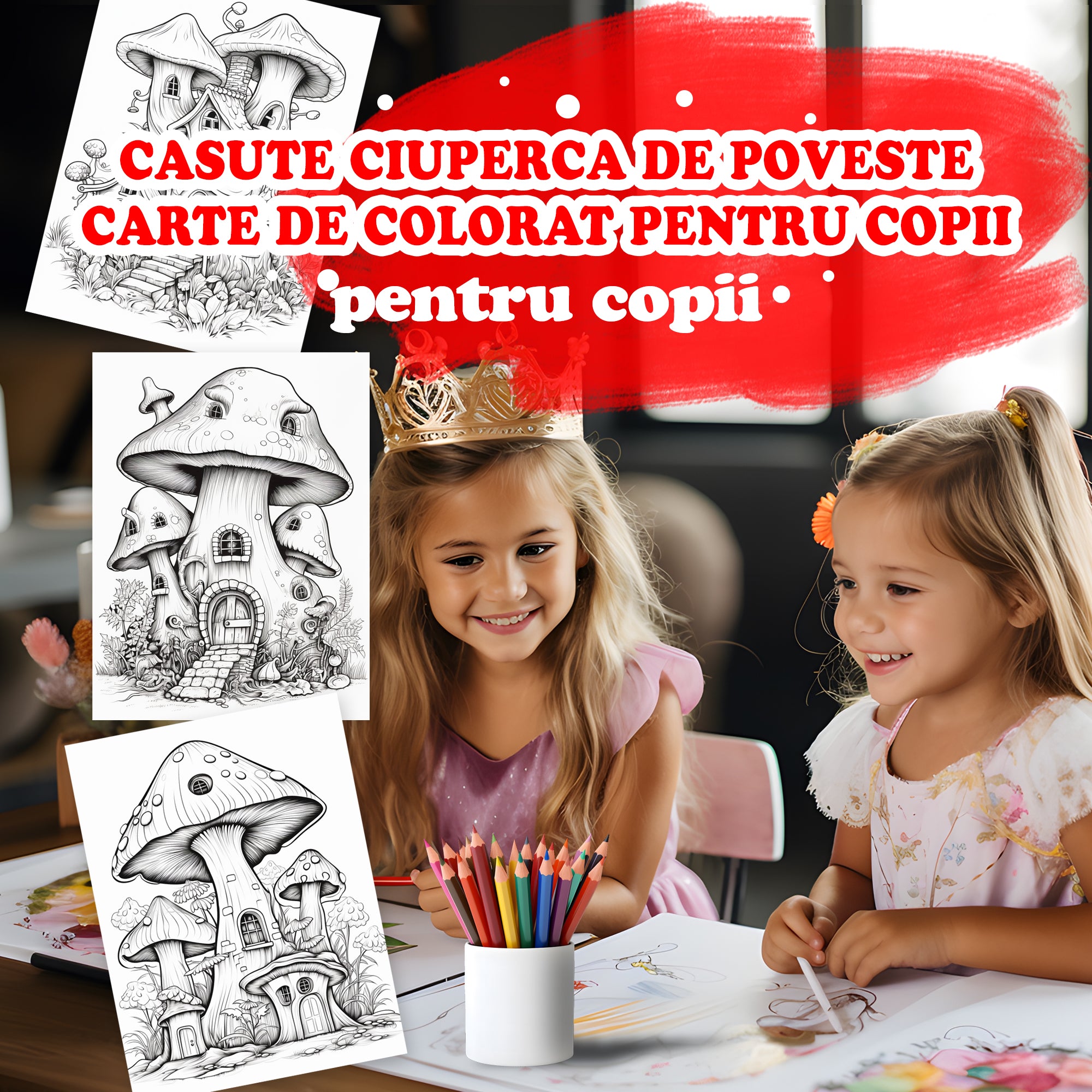 Căsuțe Ciupercă de Poveste - Carte de Colorat pentru Copii
