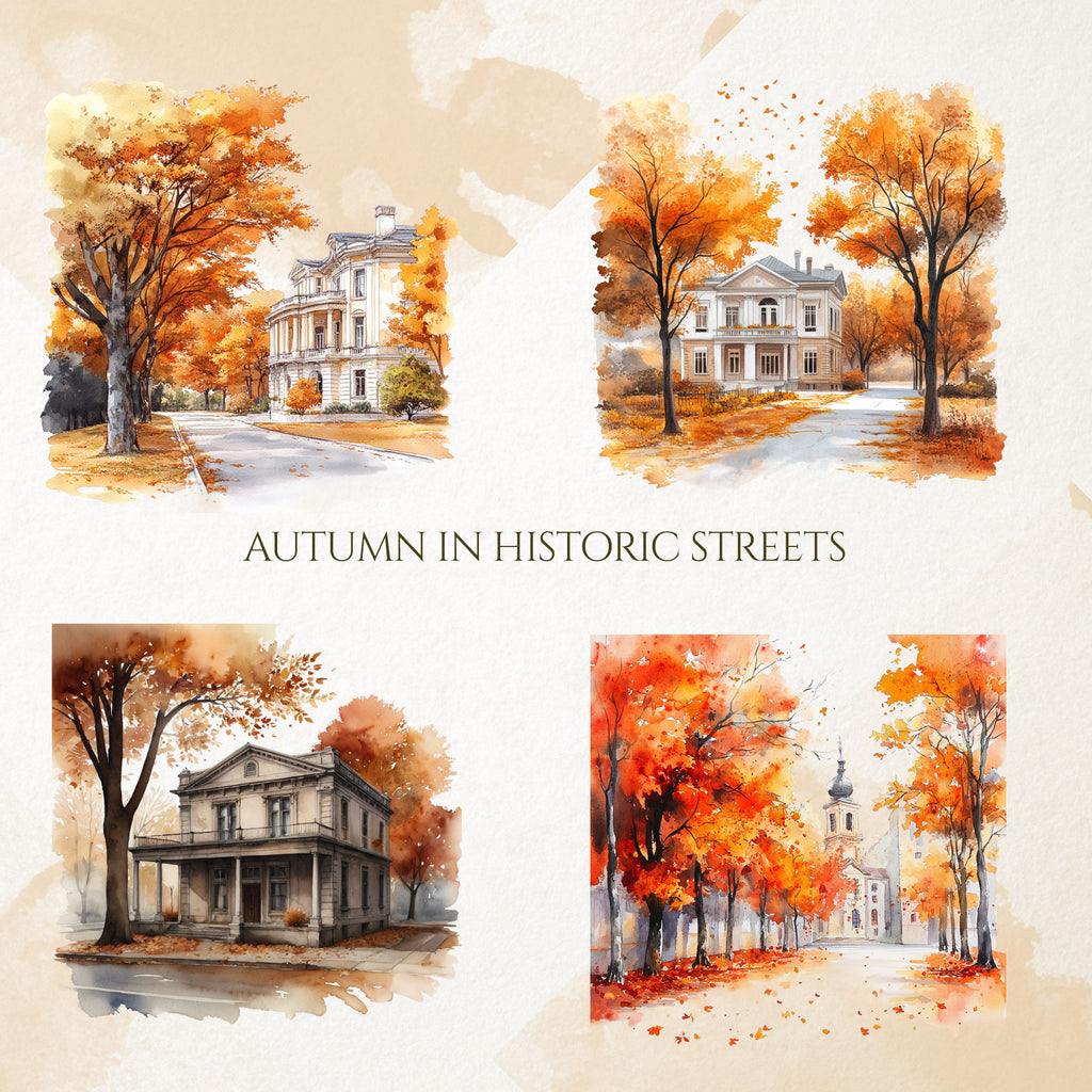 Clădiri Istorice & Stradă Vintage: Clipart Acuarelă Toamnă (PNG)