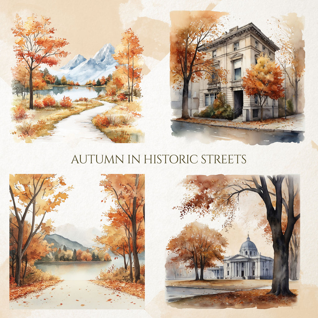 Clădiri Istorice & Stradă Vintage: Clipart Acuarelă Toamnă (PNG)