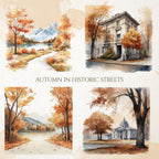 Clădiri Istorice & Stradă Vintage: Clipart Acuarelă Toamnă (PNG)
