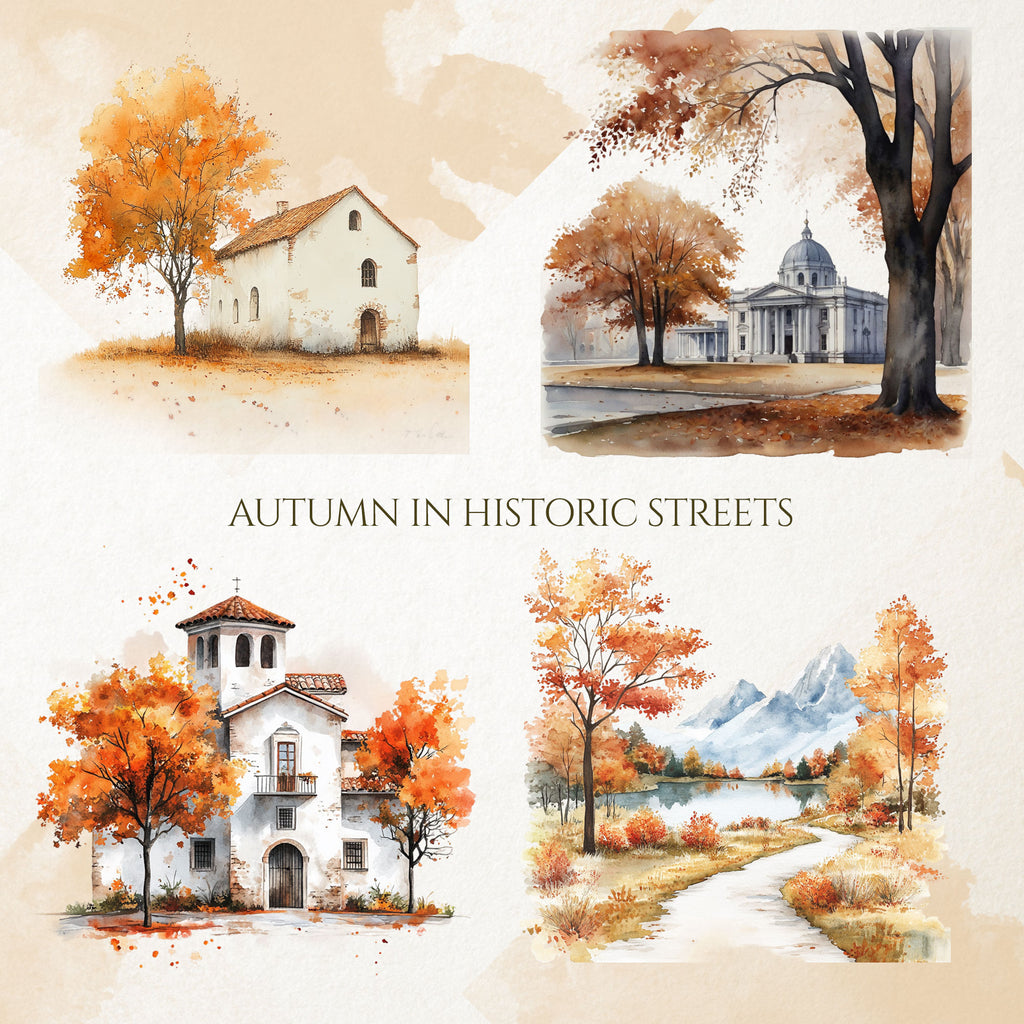 Clădiri Istorice & Stradă Vintage: Clipart Acuarelă Toamnă (PNG)