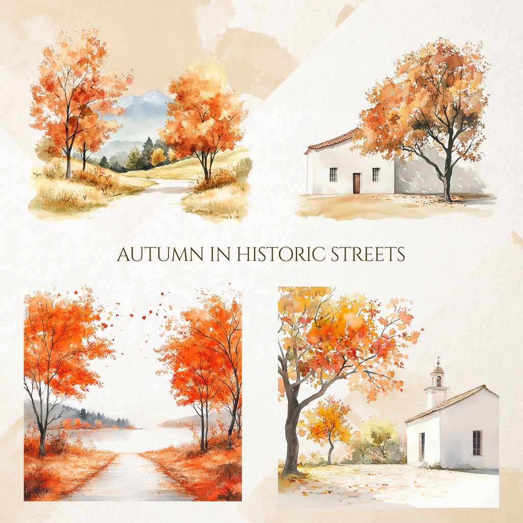 Clădiri Istorice & Stradă Vintage: Clipart Acuarelă Toamnă (PNG)