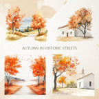 Clădiri Istorice & Stradă Vintage: Clipart Acuarelă Toamnă (PNG)
