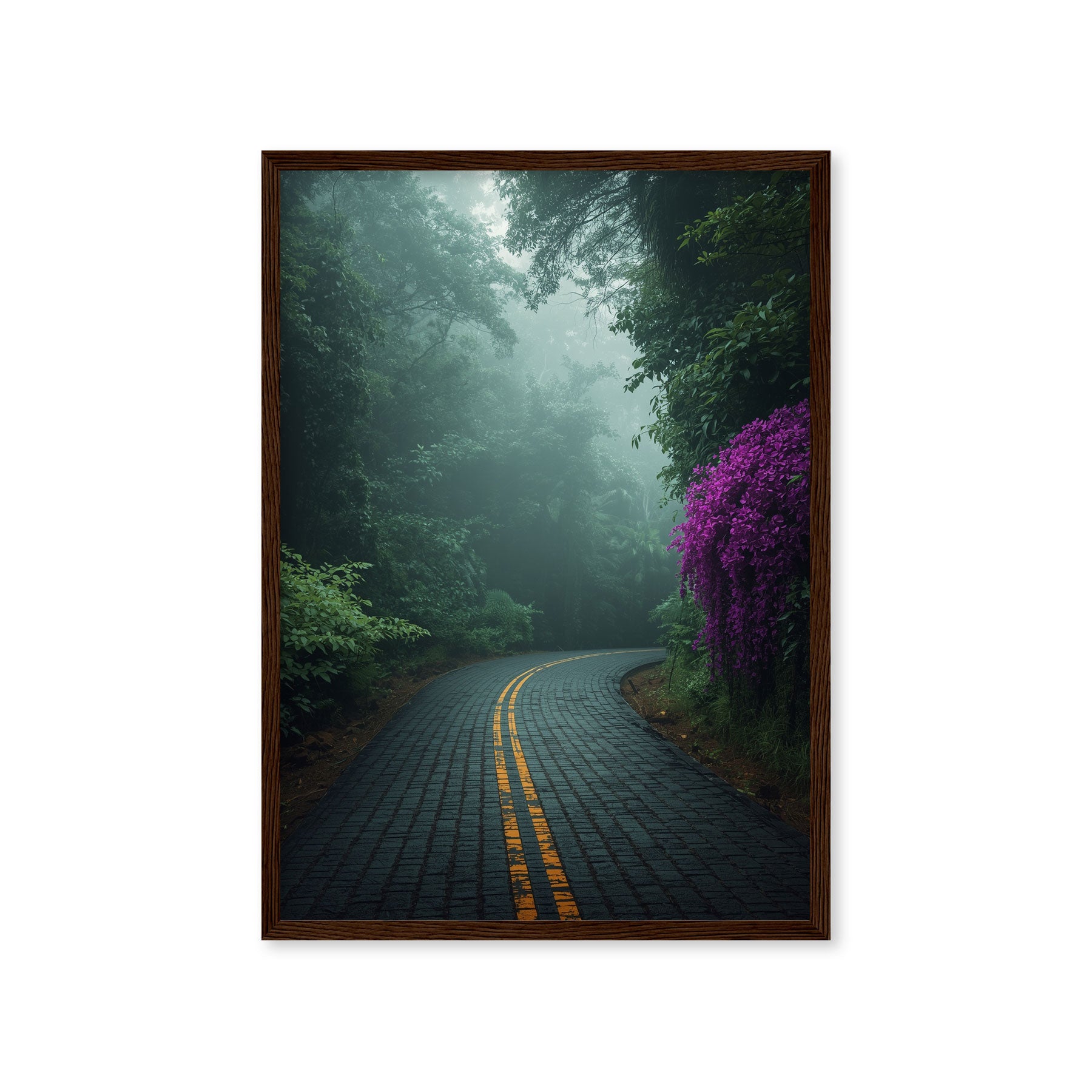 Poster & Tablou „Drumul prin Ceață” – Peisaj Cinematic cu Flori Mov | A4, A3, B2, B1