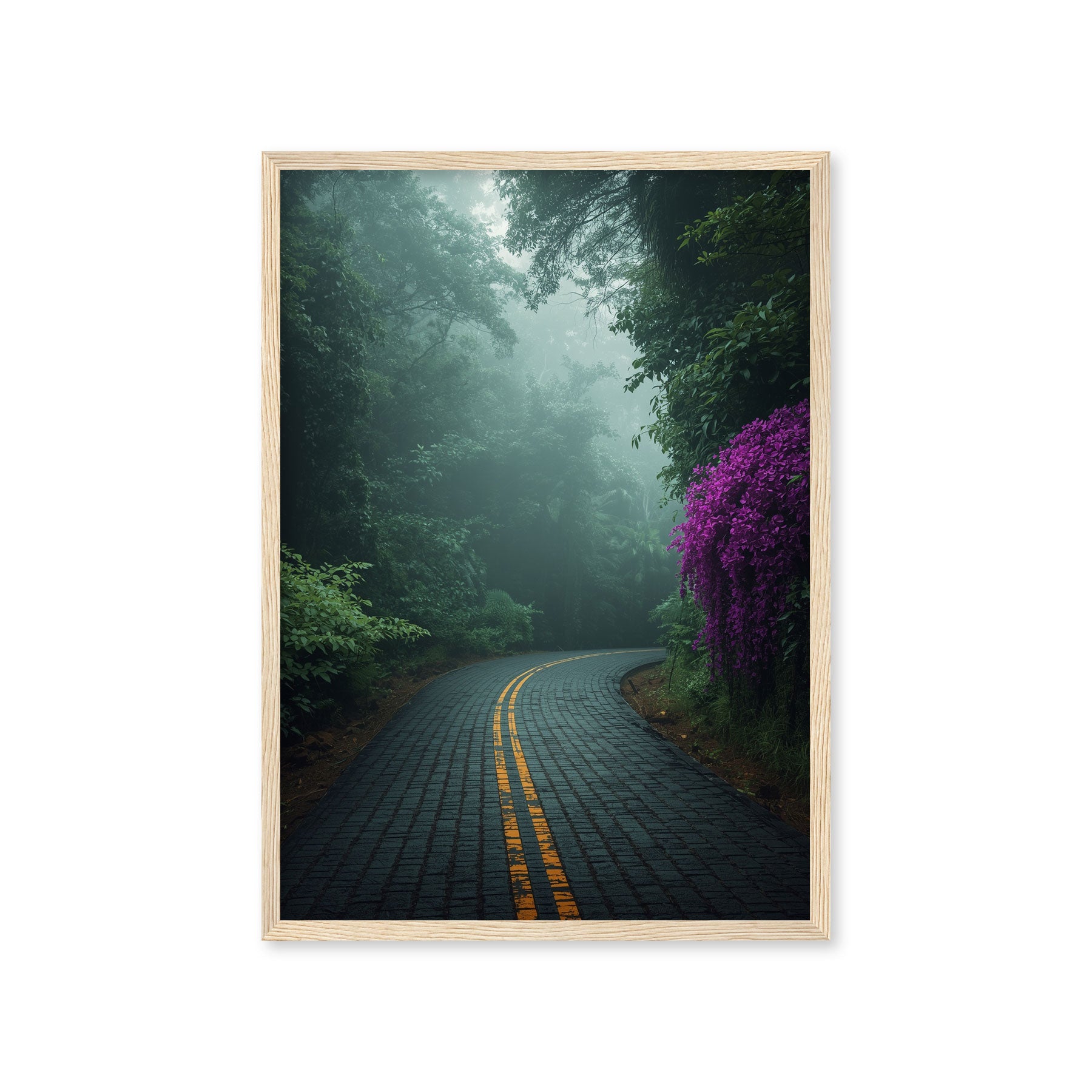 Poster & Tablou „Drumul prin Ceață” – Peisaj Cinematic cu Flori Mov | A4, A3, B2, B1