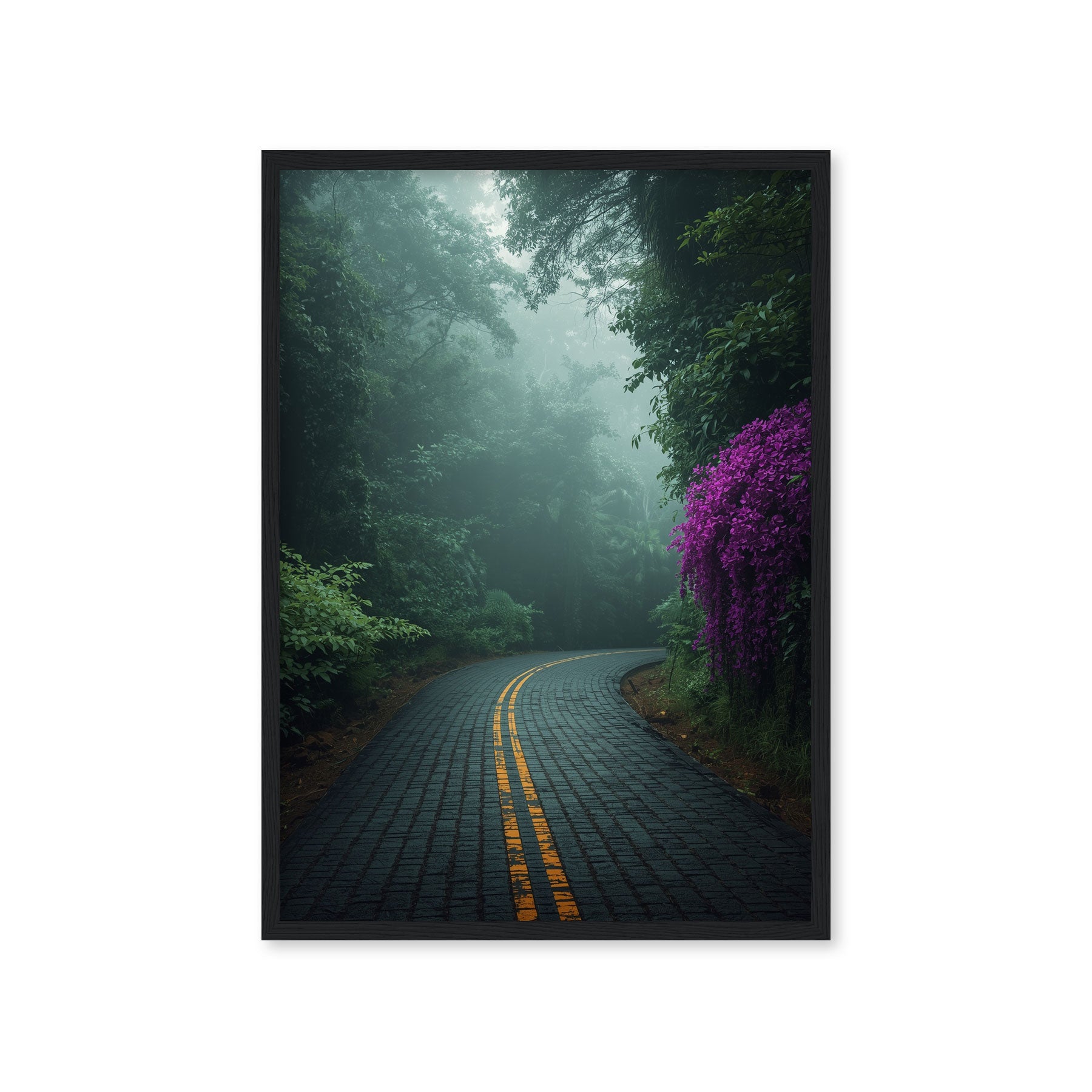 Poster & Tablou „Drumul prin Ceață” – Peisaj Cinematic cu Flori Mov | A4, A3, B2, B1