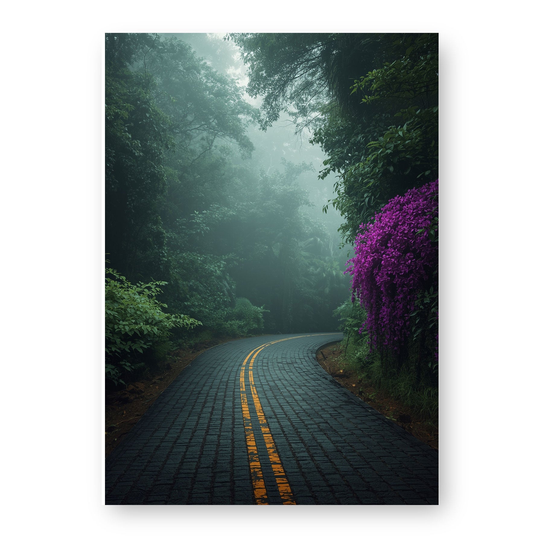 Poster & Tablou „Drumul prin Ceață” – Peisaj Cinematic cu Flori Mov | A4, A3, B2, B1