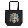 Sacoșă Eco „Mască Venețiană” – 100% Bumbac Organic | Design Artistic Festiv | Reutilizabilă | Bej & Negru