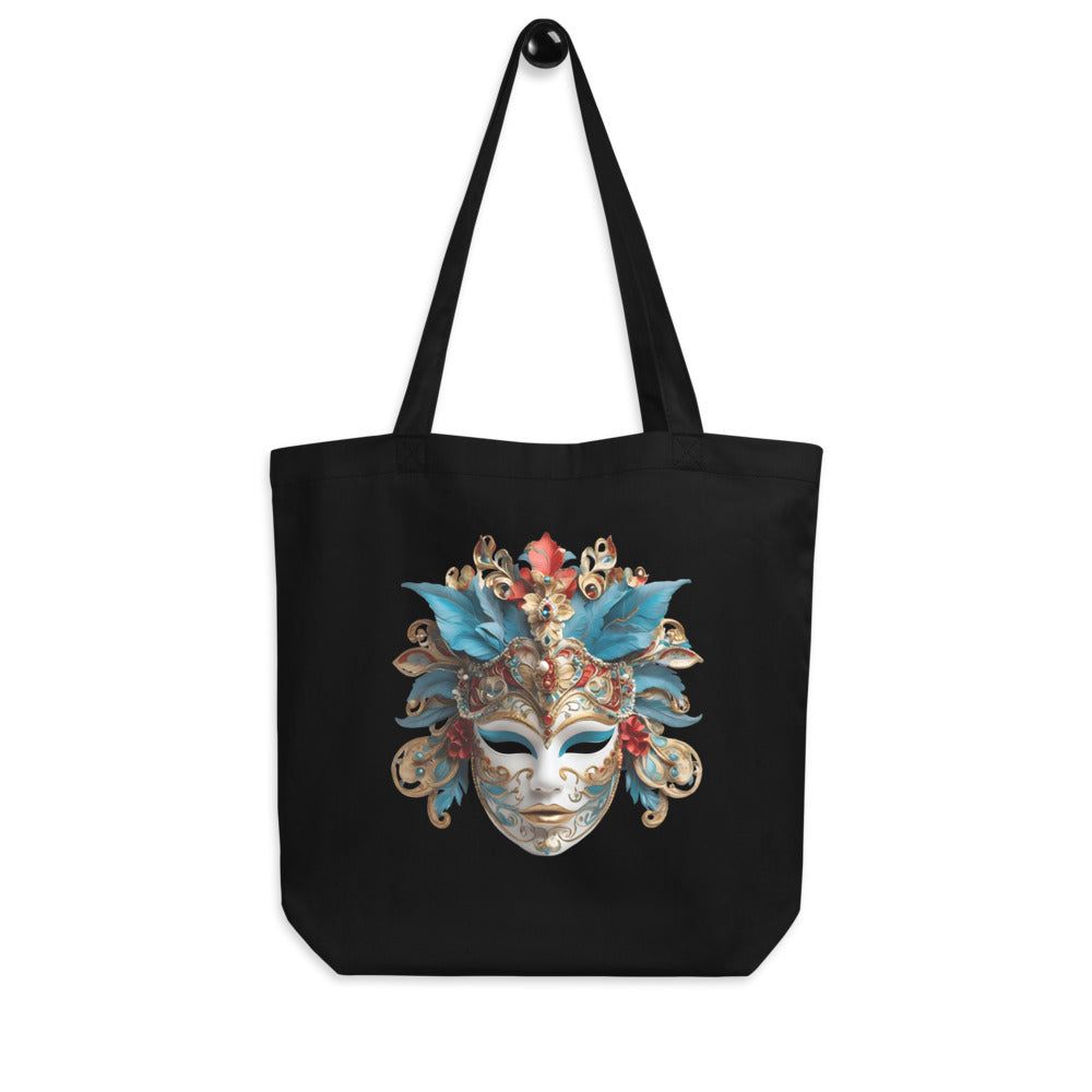Sacoșă Eco „Mască Venețiană” – 100% Bumbac Organic | Design Artistic Festiv | Reutilizabilă | Bej & Negru