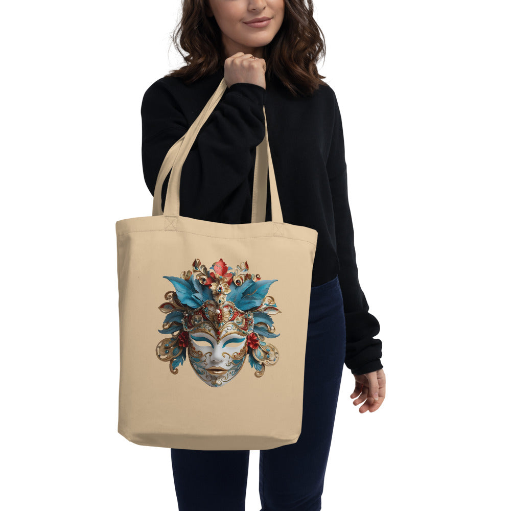 Sacoșă Eco „Mască Venețiană” – 100% Bumbac Organic | Design Artistic Festiv | Reutilizabilă | Bej & Negru