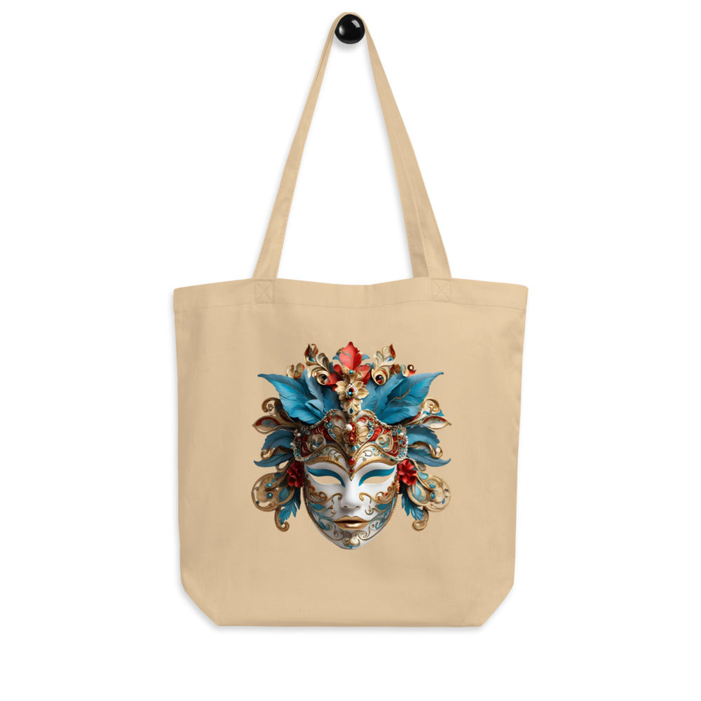Sacoșă Eco „Mască Venețiană” – 100% Bumbac Organic | Design Artistic Festiv | Reutilizabilă | Bej & Negru