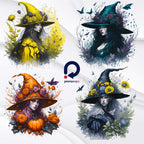 Watercolor Witch Clipart – Set PNG cu vrăjitoare, pălării, elemente mistice și gotice pentru Halloween și design fantasy