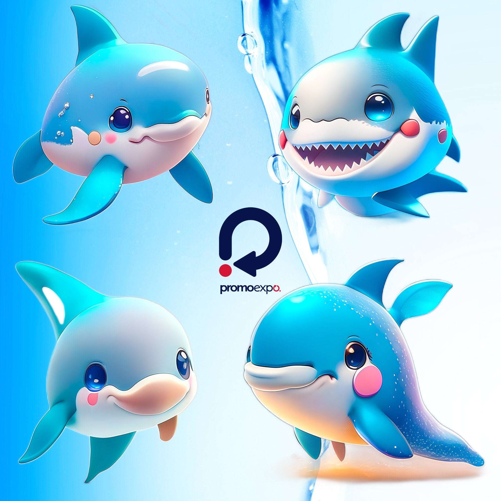 Cute Anime Sharks & Dolphins – Clipart PNG adorabil cu rechini și delfini în stil anime