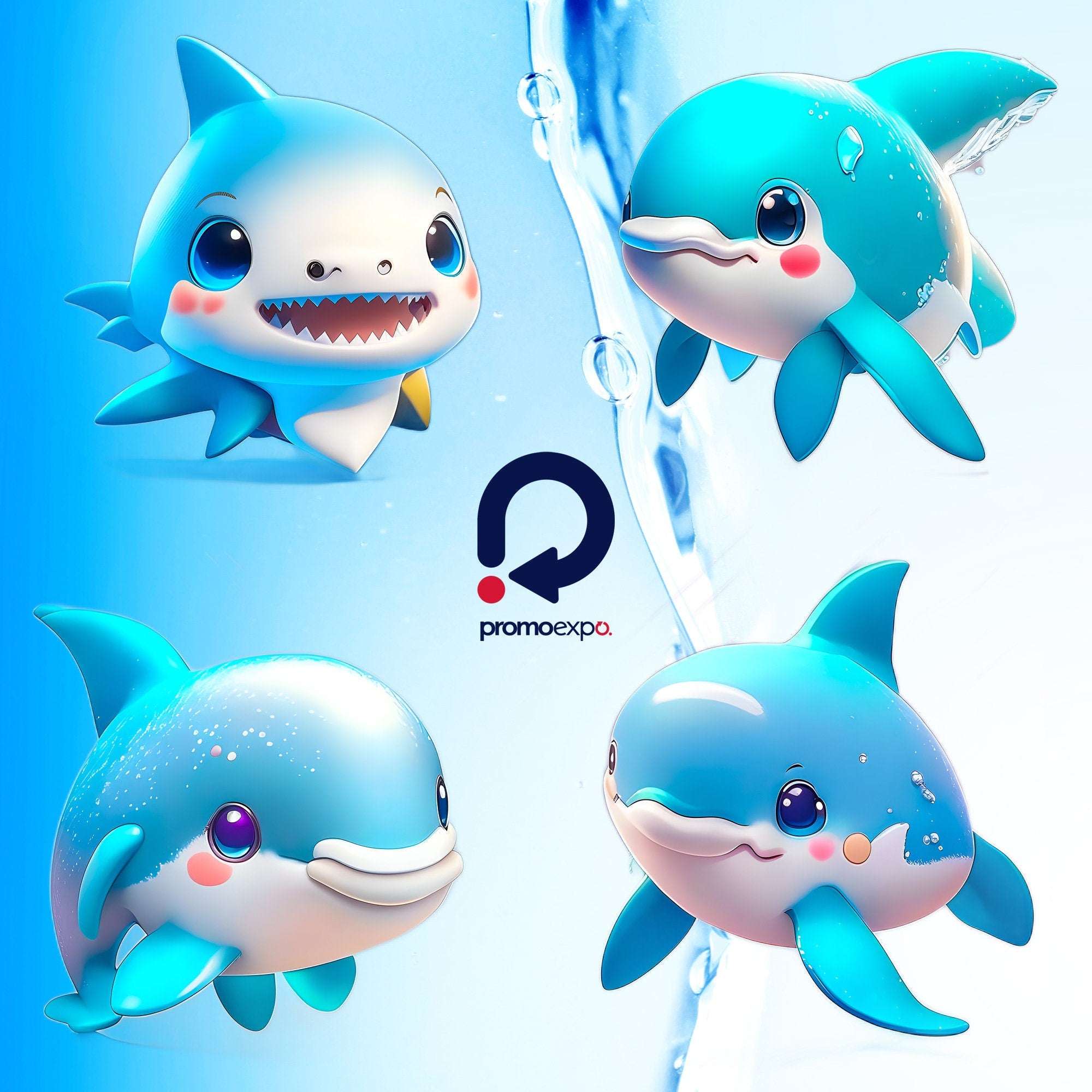 Cute Anime Sharks & Dolphins – Clipart PNG adorabil cu rechini și delfini în stil anime