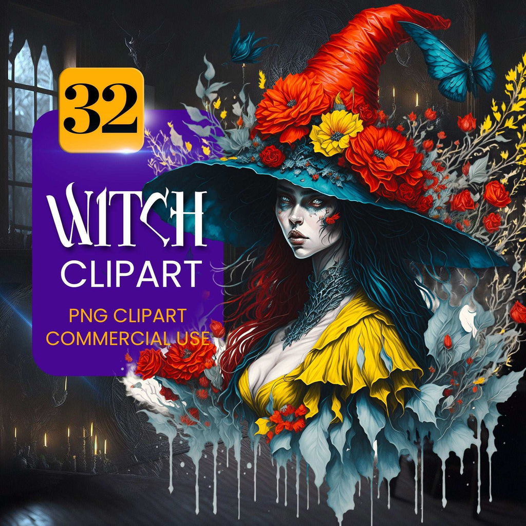 Watercolor Witch Clipart – Set PNG cu vrăjitoare, pălării, elemente mistice și gotice pentru Halloween și design fantasy