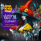 Watercolor Witch Clipart – Set PNG cu vrăjitoare, pălării, elemente mistice și gotice pentru Halloween și design fantasy