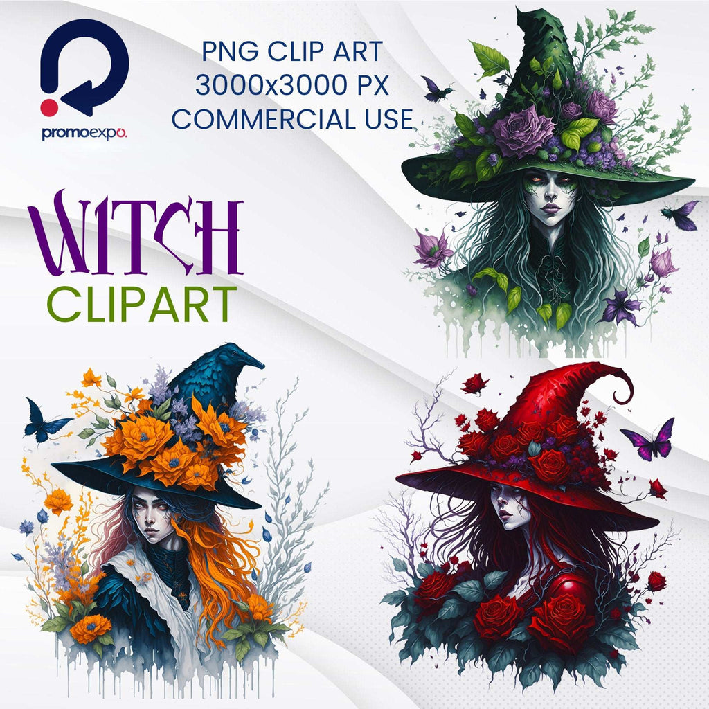Watercolor Witch Clipart – Set PNG cu vrăjitoare, pălării, elemente mistice și gotice pentru Halloween și design fantasy
