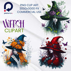 Watercolor Witch Clipart – Set PNG cu vrăjitoare, pălării, elemente mistice și gotice pentru Halloween și design fantasy