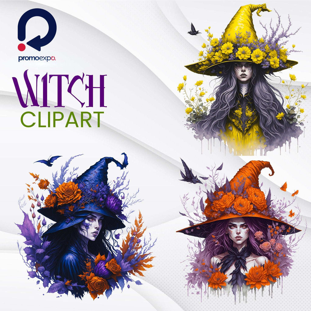 Watercolor Witch Clipart – Set PNG cu vrăjitoare, pălării, elemente mistice și gotice pentru Halloween și design fantasy