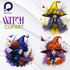 Watercolor Witch Clipart – Set PNG cu vrăjitoare, pălării, elemente mistice și gotice pentru Halloween și design fantasy