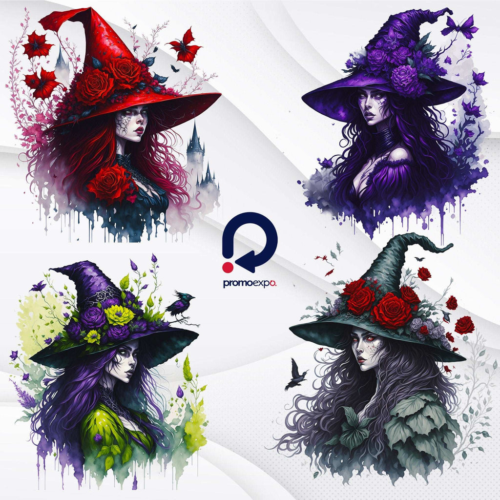 Watercolor Witch Clipart – Set PNG cu vrăjitoare, pălării, elemente mistice și gotice pentru Halloween și design fantasy