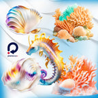 Sea Life – Clipart PNG cu căluți de mare, stele de mare, scoici, alge și corali