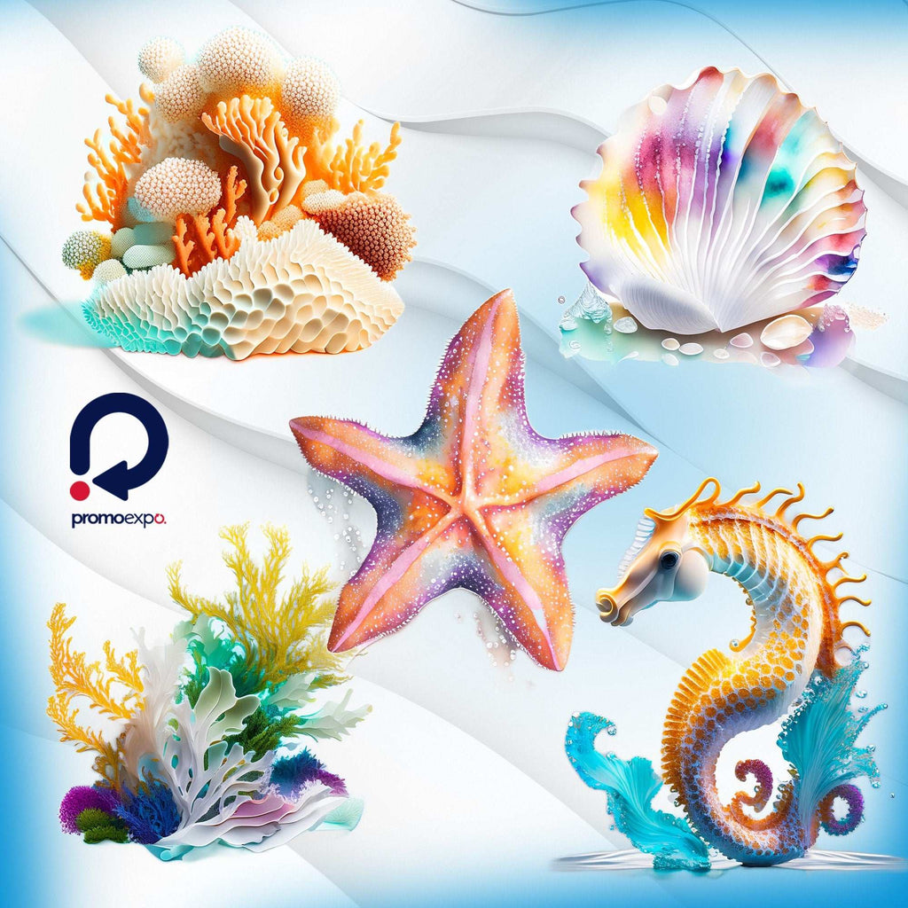 Sea Life – Clipart PNG cu căluți de mare, stele de mare, scoici, alge și corali