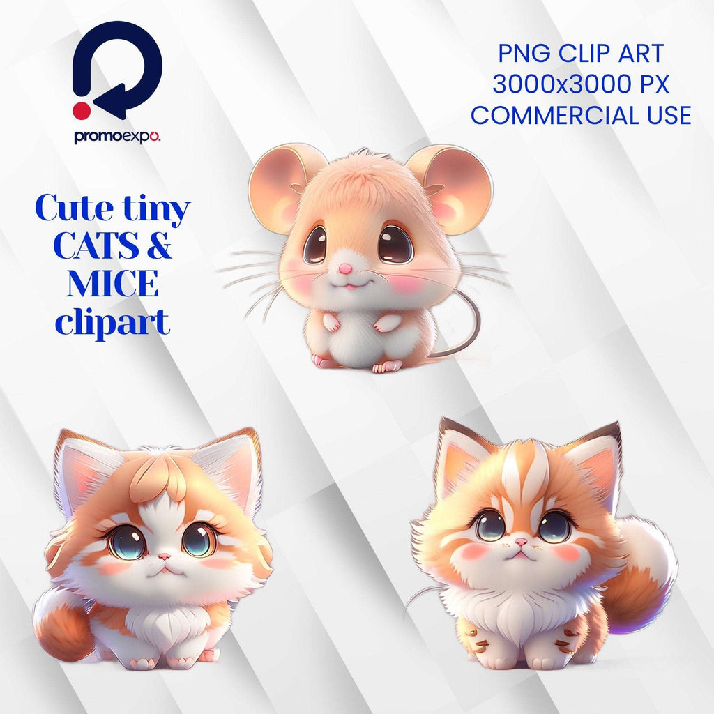 Clipart "Pisici și Șoricei" – Clipart PNG cu pisici și șoricei adorabili în stil anime, ilustrații amuzante și prietenoase