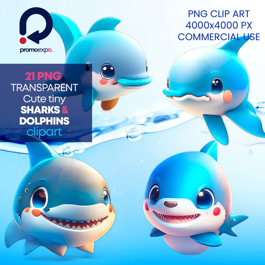Cute Anime Sharks & Dolphins – Clipart PNG adorabil cu rechini și delfini în stil anime