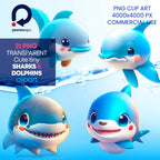 Cute Anime Sharks & Dolphins – Clipart PNG adorabil cu rechini și delfini în stil anime
