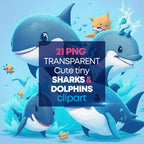 Cute Anime Sharks & Dolphins – Clipart PNG adorabil cu rechini și delfini în stil anime