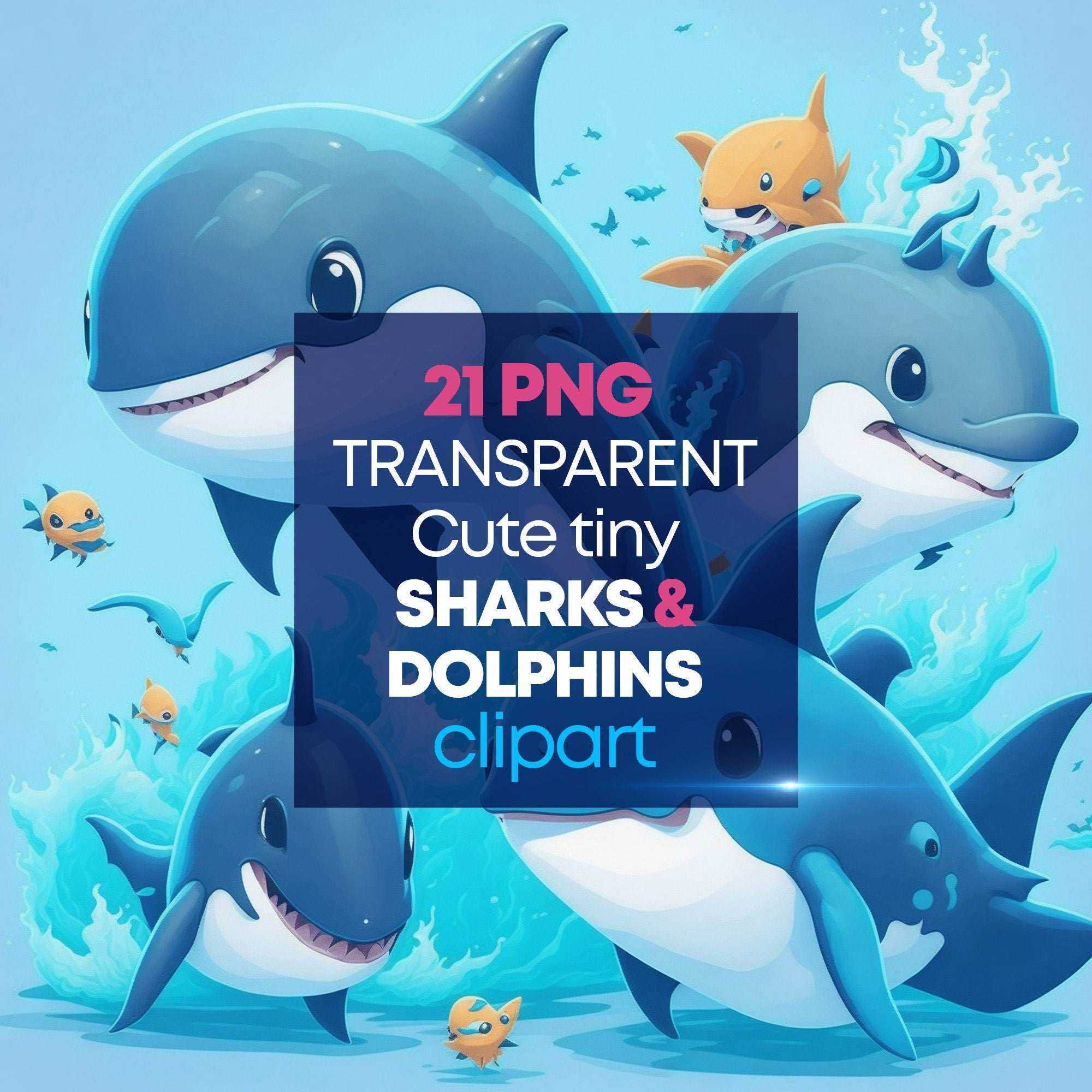 Cute Anime Sharks & Dolphins – Clipart PNG adorabil cu rechini și delfini în stil anime