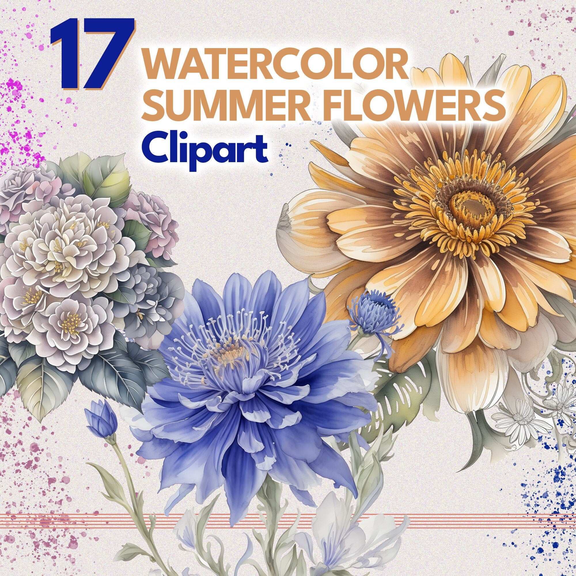 Summer Blooms – Clipart PNG cu flori de vară în acuarelă, buchete luminoase pentru proiecte creative