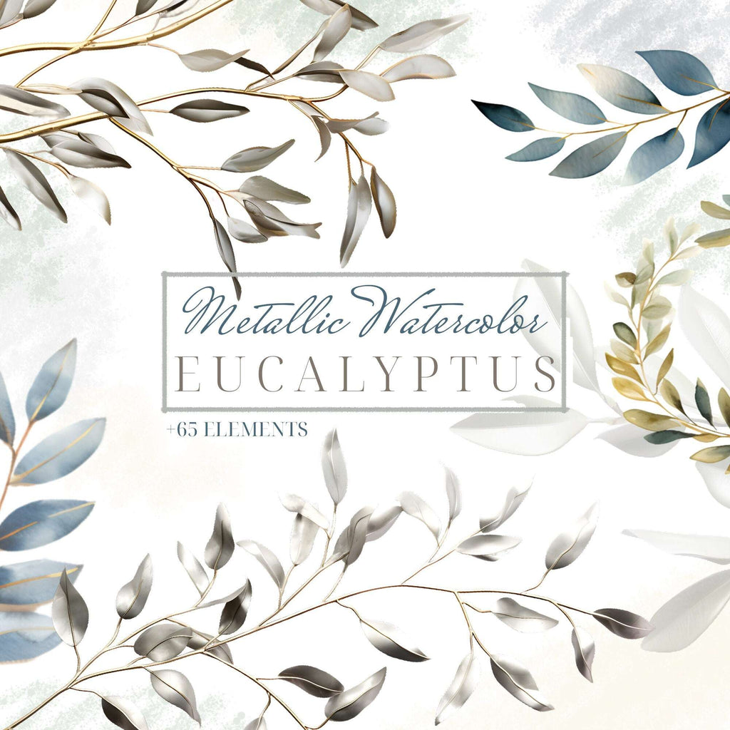 Watercolor Metallic Eucalyptus Clipart - Greenery Clipart - Green Metallic Foliage - Green Blue Leaves Branches - Wedding Wreath Invitation