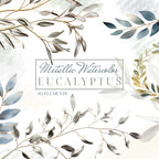 Watercolor Metallic Eucalyptus Clipart - Greenery Clipart - Green Metallic Foliage - Green Blue Leaves Branches - Wedding Wreath Invitation
