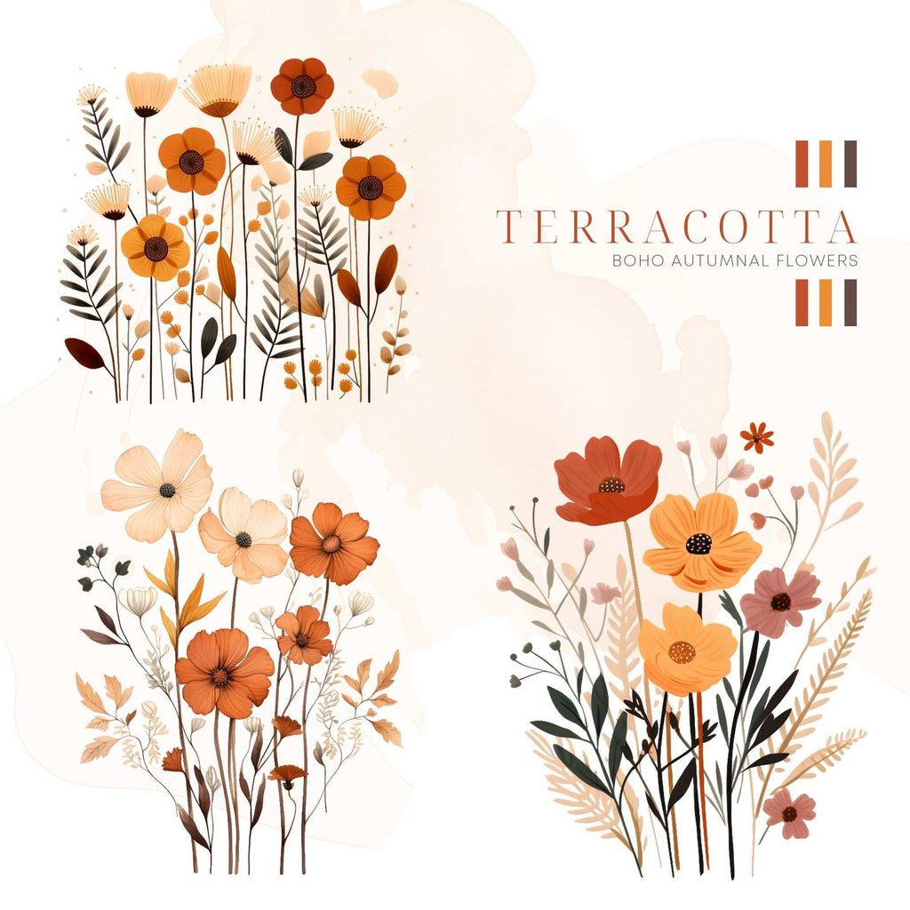 Terracotta – Clipart PNG cu flori boho de toamnă în nuanțe neutre și aranjamente rustice