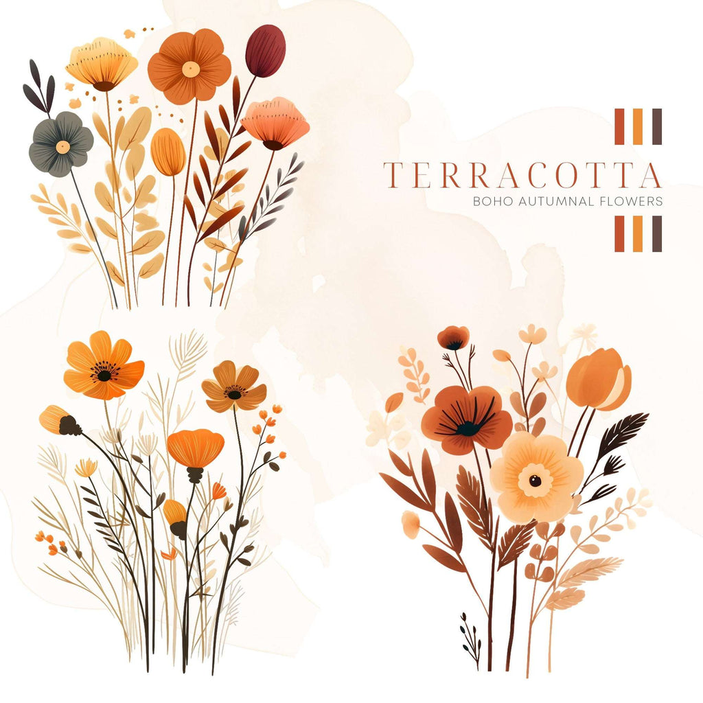 Terracotta – Clipart PNG cu flori boho de toamnă în nuanțe neutre și aranjamente rustice