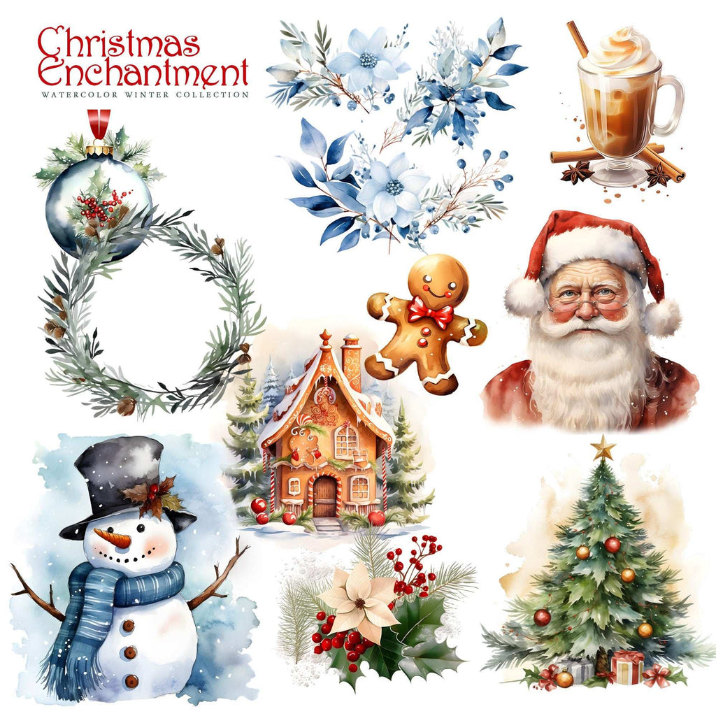 Clipart de Crăciun - Ilustrații Digitale PNG cu Peisaje de Iarnă și Decorațiuni Festive