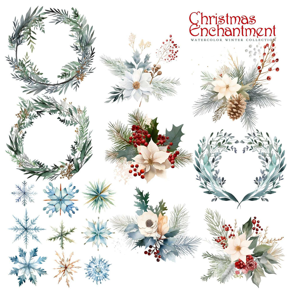 Clipart de Crăciun - Ilustrații Digitale PNG cu Peisaje de Iarnă și Decorațiuni Festive