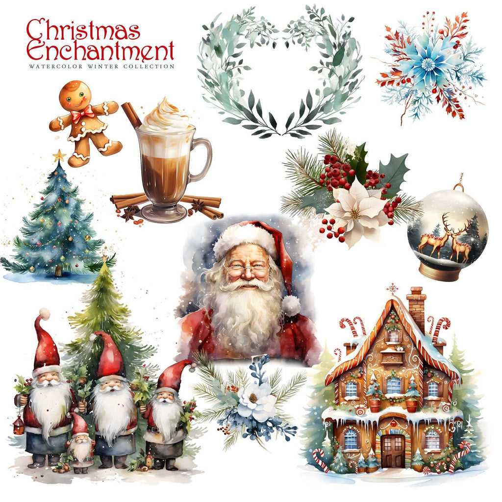 Clipart de Crăciun - Ilustrații Digitale PNG cu Peisaje de Iarnă și Decorațiuni Festive