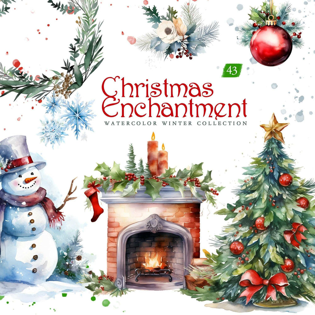 Christmas Enchantment, Christmas Watercolor Clipart, Christmas Floral Clipart, Wreath Clipart, Premade Clipart, Winter Scene, Winter Clipart