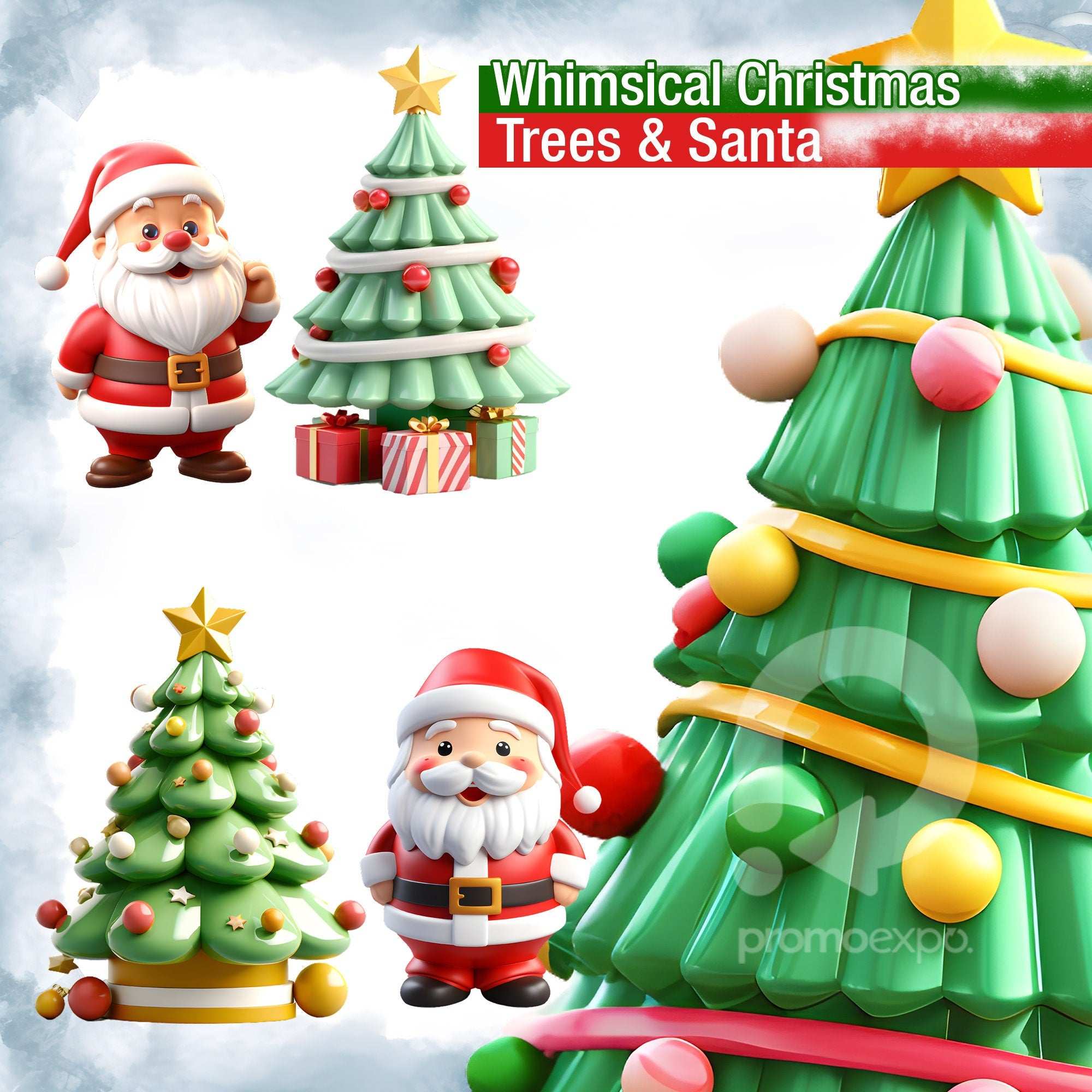 Whimsical Christmas Trees & Santa – Clipart PNG 3D cu brazi decorați și Moș Crăciun pentru proiecte festive