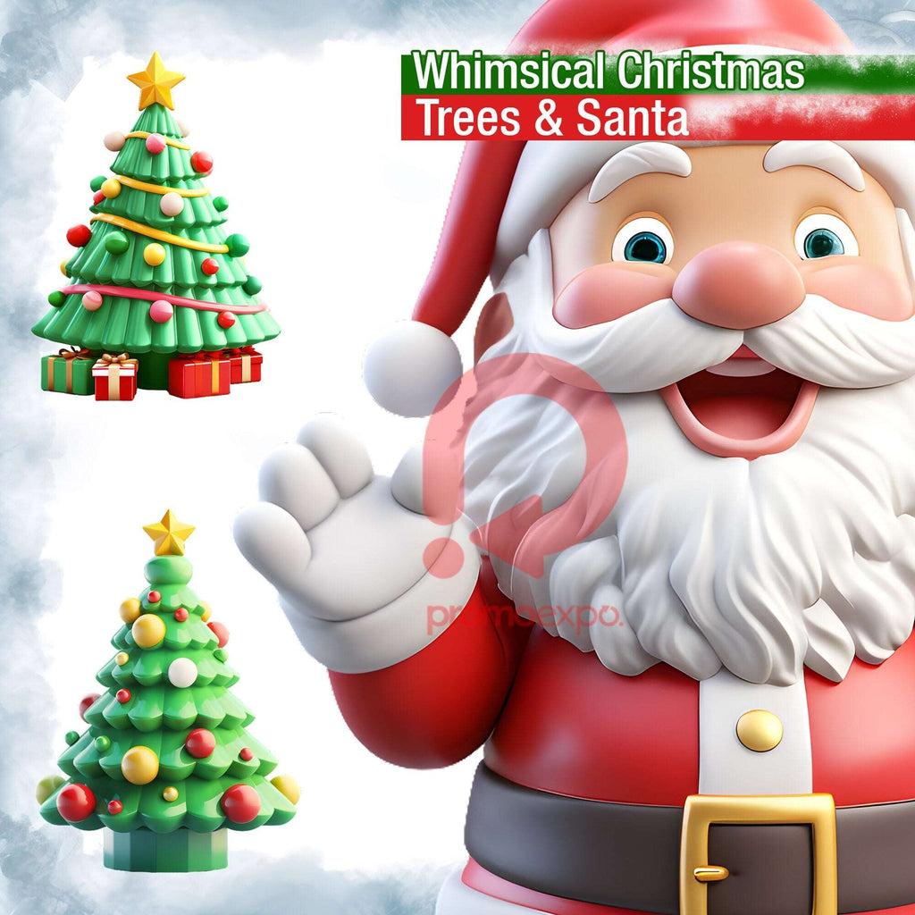 Whimsical Christmas Trees & Santa – Clipart PNG 3D cu brazi decorați și Moș Crăciun pentru proiecte festive